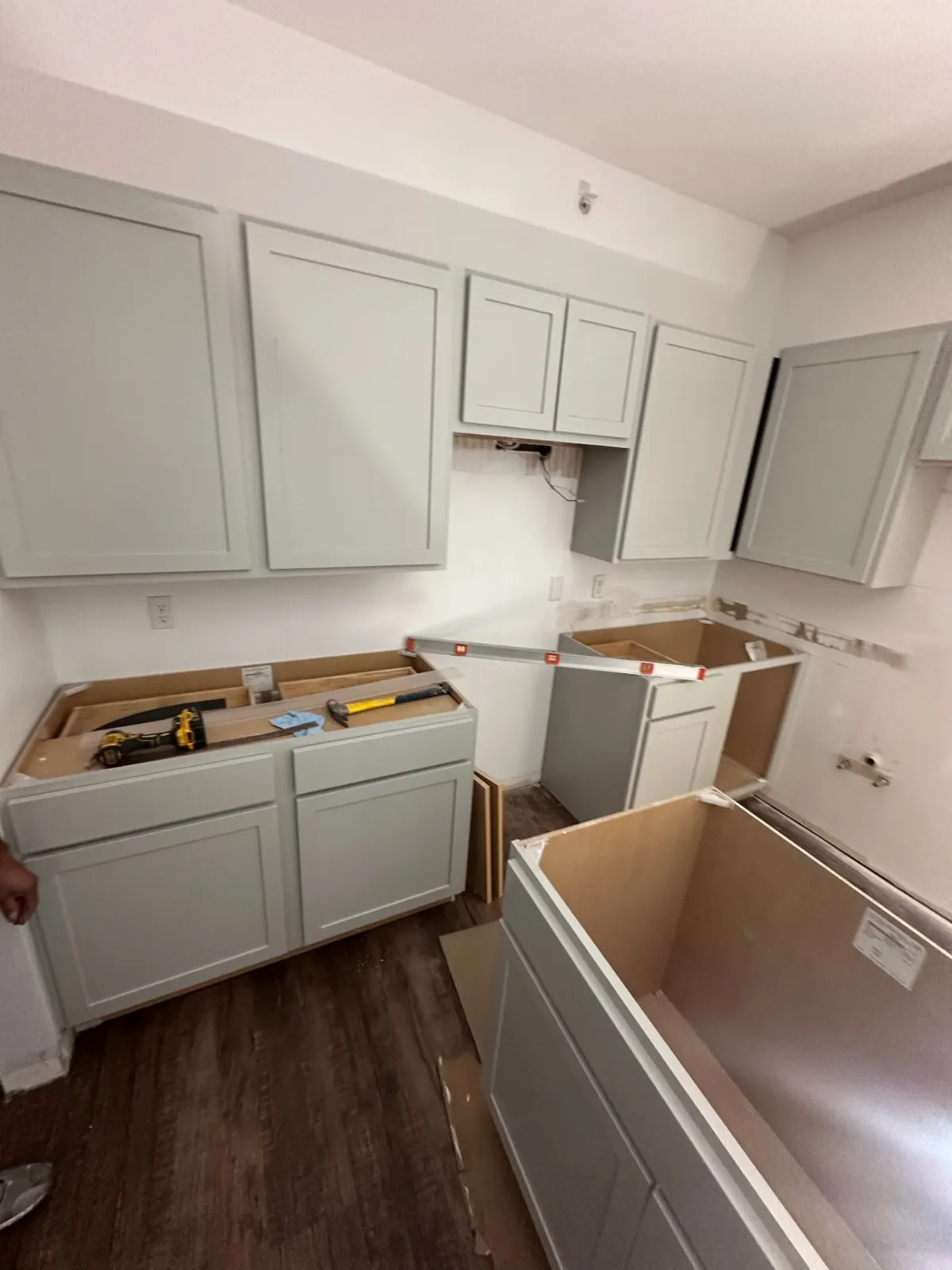 New gray shaker cabinets installed during the Green Senior Living Seward kitchen remodel