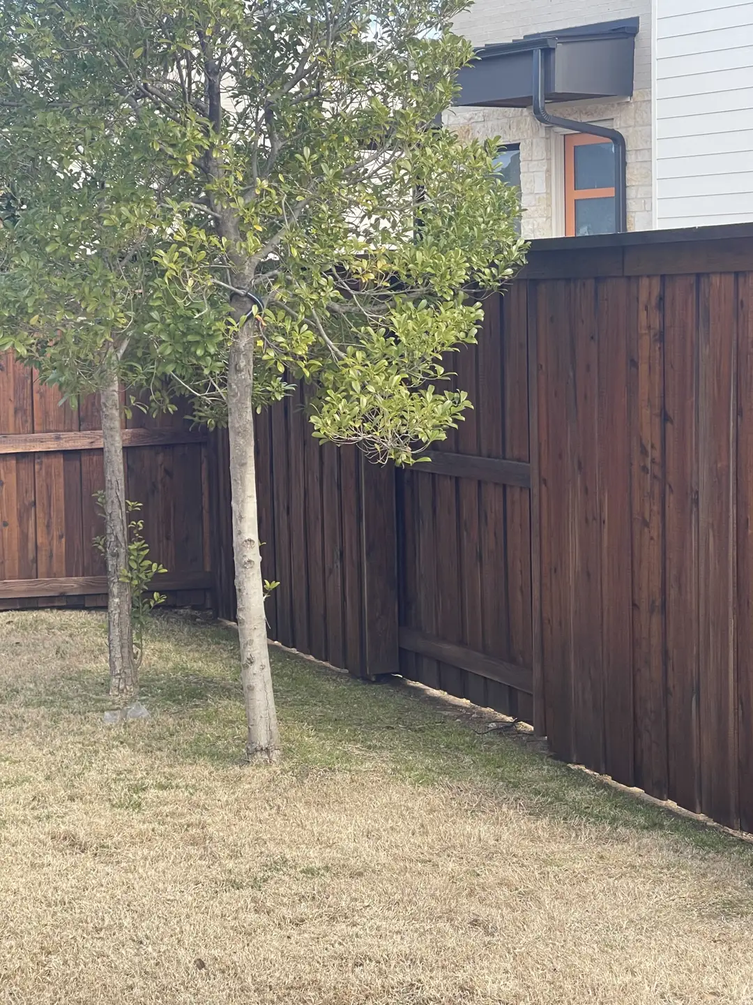 Capped fence corner stained in a deep, even tone