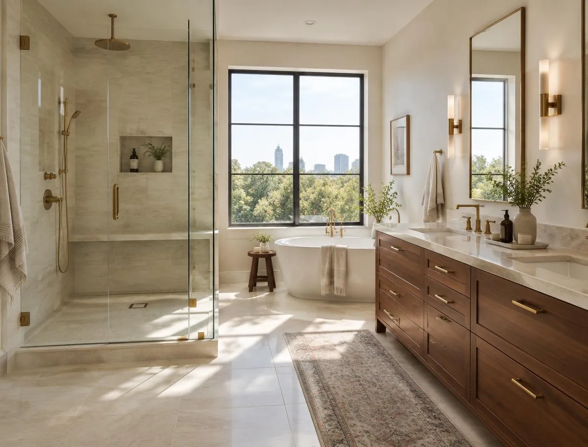 Bathroom concept showing a glass shower, stone tile, and walnut vanity
